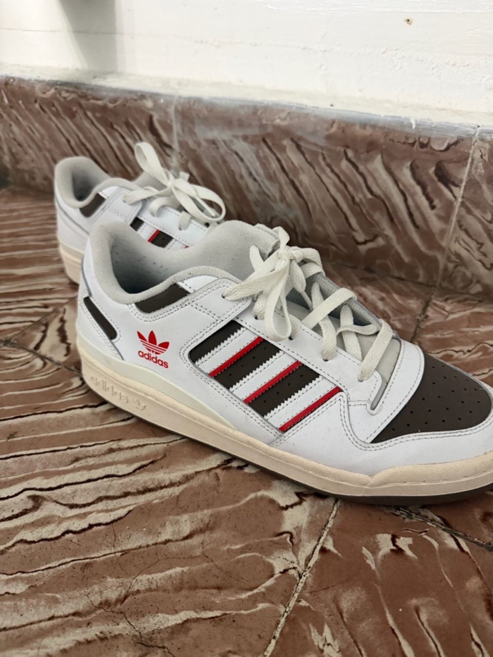 adidas White Sneakers with Brown Toe and Red Stripe Accents